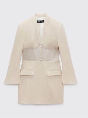 Zara Cream Corset Blazer Dress with Button Front